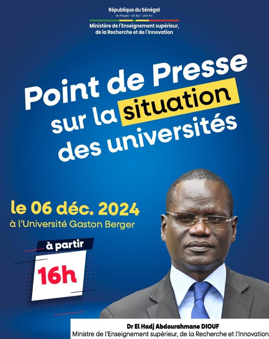 drelhadjiAdiouf's tweet photo. POINT DE PRESSE 
Ce vendredi 06 sur la situation des universités 🇸🇳
#MESRI https://t.co/MFEYrHHkhu