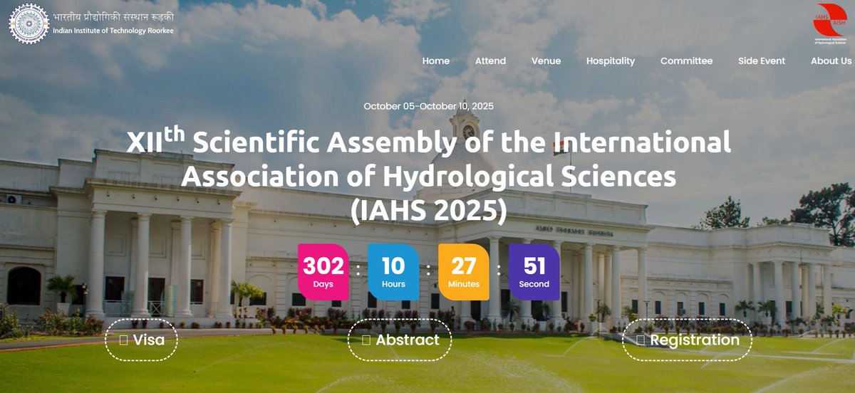 IAHS_AISH's tweet photo. Preparation for our #IAHS Scientific Assembly, 5-10 October 2025 in Roorkee, is continuing at full speed & abstract submission is now open! #SYSTA awards are available to eligible early career scientists who meet the criteria. Join us in India! Read more https://t.co/Xmbu7CxpY7 https://t.co/yoII6rd1Sv