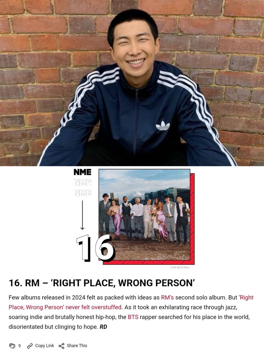 "El rapero de BTS buscó su lugar en el mundo, desorientado pero aferrándose a la esperanza." NME nombrando a RPWP como uno de los MEJORES ÁLBUMES DEL AÑO en el #16, EL ARTE GANANDO😭🔥

CONGRATULATIONS RM
RPWP BEST ALBUM OF 2024
RPWP ALBUM OF THE YEAR
#RightPlaceWrongPerson #RM