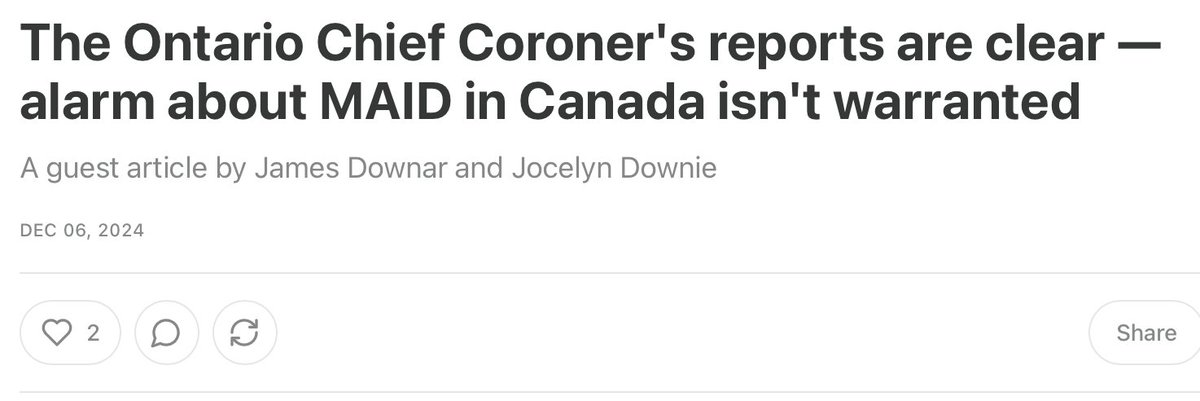James Downar (@jamesdownar) on Twitter photo In response to ongoing misrepresentation of Ontario's recent #MAID reports, here is a deep dive into the data. Bottom line- these reports are quite reassuring overall, and refute many stories about Track 2.
Thanks to <a href="/mathisonej/">Eric Mathison</a> for hosting.
See 🧵1/
valuejudgments.substack.com/?utm_source=su… In response to ongoing misrepresentation of Ontario's recent #MAID reports, here is a deep dive into the data. Bottom line- these reports are quite reassuring overall, and refute many stories about Track 2.
Thanks to <a href="/mathisonej/">Eric Mathison</a> for hosting.
See 🧵1/
valuejudgments.substack.com/?utm_source=su…