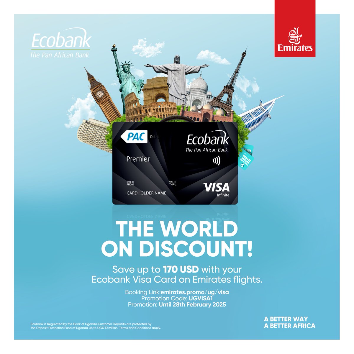 EcobankUganda's tweet photo. Fly better and save more with your Ecobank Visa card! Use promo code UGVISA1 to get up to $170 off your next Emirates ticket. Learn more and book now:
https://t.co/GzrIg9UvPx
#TravelSavings
#EcobankVisa
#Abetterwaytotravel https://t.co/wMlWBjm6UJ