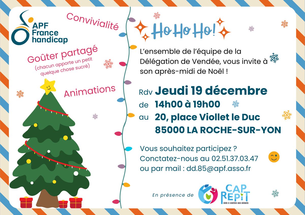 APF France handicap 85 a le plaisir de vous inviter à célébrer ensemble les🎄#fêtesdefindannée❄️le 19 décembre, de 14h à 19h
Nous espérons vous voir nombreux lors de cet après-midi de fête😊
Inscription➡️02.51.37.03.47 / dd.85@apf.asso.fr
#noel #association