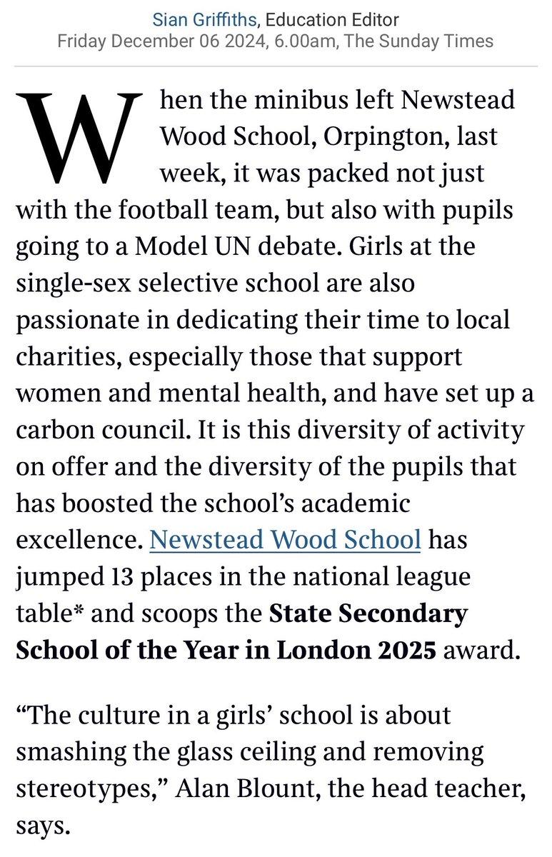 Congratulations to <a href="/NewsteadWood/">Newstead Wood School</a> which has been named State Secondary School of the Year in London for 2025 by <a href="/thetimes/">The Times and The Sunday Times</a>. <a href="/SianGriffiths6/">Sian Griffiths</a> captures the spirit of the school brilliantly below.