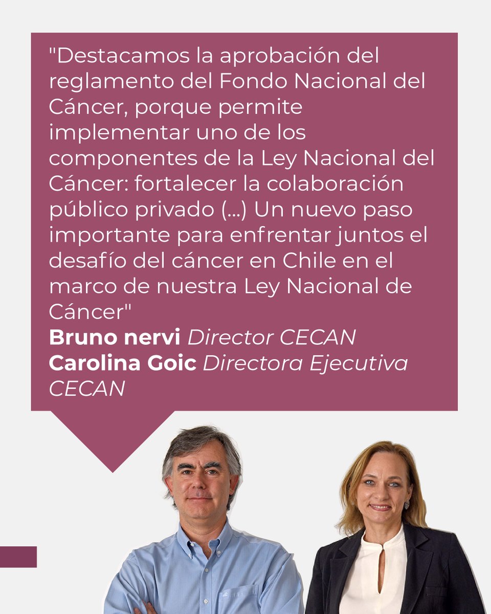 👉 Bruno Nervi Director del CECAN y Carolina Goic Directora Ejecutiva del CECAN destacaron que "la aprobación del reglamento del Fondo Nacional del Cáncer, porque permite implementar uno de los componentes de la Ley Nacional del Cáncer”.

#cáncer #chile #FondoNacionalDelCáncer