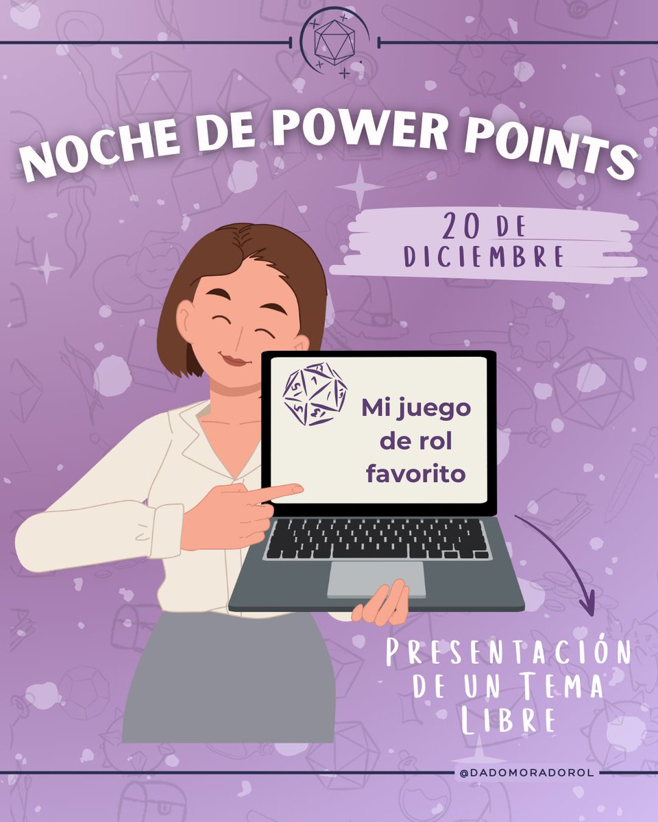 ¡Tenemos una cita! Nos vemos el 20 de diciembre en nuestro server de Discord para nuestra primera Noche de PowerPoints 🌟 Prepárate para presentar lo que quieras: rol, música, pelis, teorías locas... ¡Tú eliges! 🎤¿Te apuntas? 👀✨