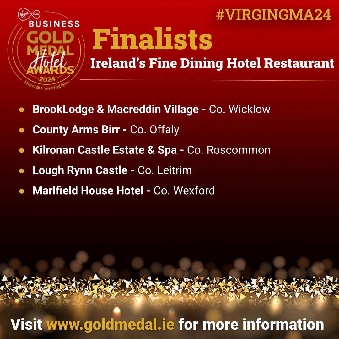 Hotel&CateringReview (@hc_review) on Twitter photo We are delighted to announce the finalists of Ireland’s Fine Dining Hotel Restaurant
<a href="/Kilronan_Castle/">Kilronan Castle</a>
<a href="/CartonFairmont/">Carton House, A Fairmont Managed Hotel</a>
<a href="/LoughRynnCastle/">Lough Rynn Castle Estate & Gardens</a>
<a href="/Macreddin/">The BrookLodge</a>
<a href="/WaterfordCastle/">Waterford Castle Resort</a>
<a href="/FotaIsland/">Fota Island Resort</a>
<a href="/Tankardstown/">Tankardstown House</a>
For full list of finalists, click here goldmedal.ie/2024/12/2024-f…… #VIRGINGMA24 We are delighted to announce the finalists of Ireland’s Fine Dining Hotel Restaurant
<a href="/Kilronan_Castle/">Kilronan Castle</a>
<a href="/CartonFairmont/">Carton House, A Fairmont Managed Hotel</a>
<a href="/LoughRynnCastle/">Lough Rynn Castle Estate & Gardens</a>
<a href="/Macreddin/">The BrookLodge</a>
<a href="/WaterfordCastle/">Waterford Castle Resort</a>
<a href="/FotaIsland/">Fota Island Resort</a>
<a href="/Tankardstown/">Tankardstown House</a>
For full list of finalists, click here goldmedal.ie/2024/12/2024-f…… #VIRGINGMA24