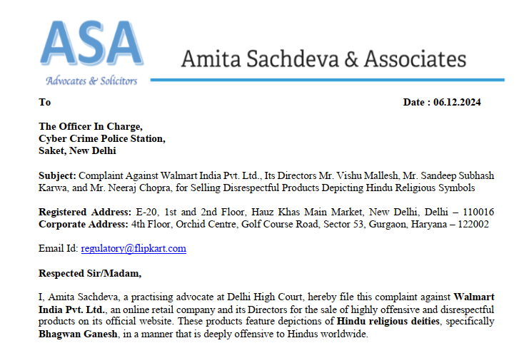 SachdevaAmita's tweet image. By the divine blessings of Bhagwan Shri Krishna and Shri Ganesha, I have officially filed a complaint against @Walmart and its directors for their disgraceful portrayal of Bhagwan Ganesha on products like underwear, socks, slippers, and more.

This blatant insult to Hindu Deities…