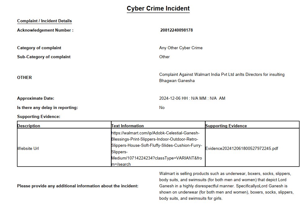 SachdevaAmita's tweet image. By the divine blessings of Bhagwan Shri Krishna and Shri Ganesha, I have officially filed a complaint against @Walmart and its directors for their disgraceful portrayal of Bhagwan Ganesha on products like underwear, socks, slippers, and more.

This blatant insult to Hindu Deities…