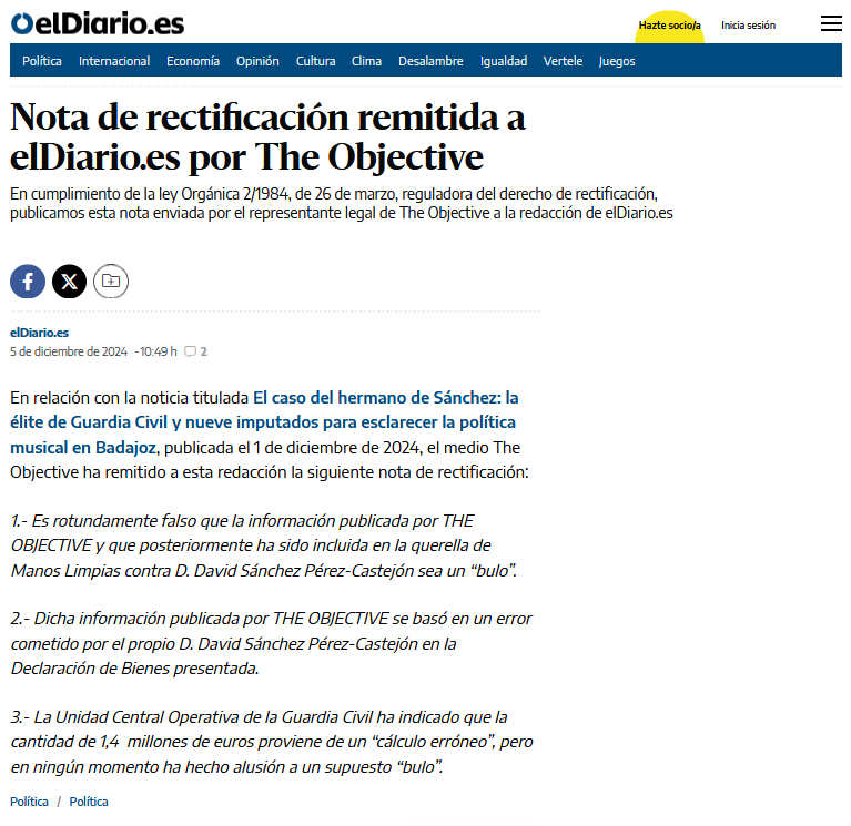 Una rectificación de Lo Diario desmintiendo su propio bulo sobre The Objective es lo más bonito que vais a ver hoy

Sería una pena que cayera en el olvido esta publicación del medio dirigido por Ignacio Escolar y nadie le diera RT