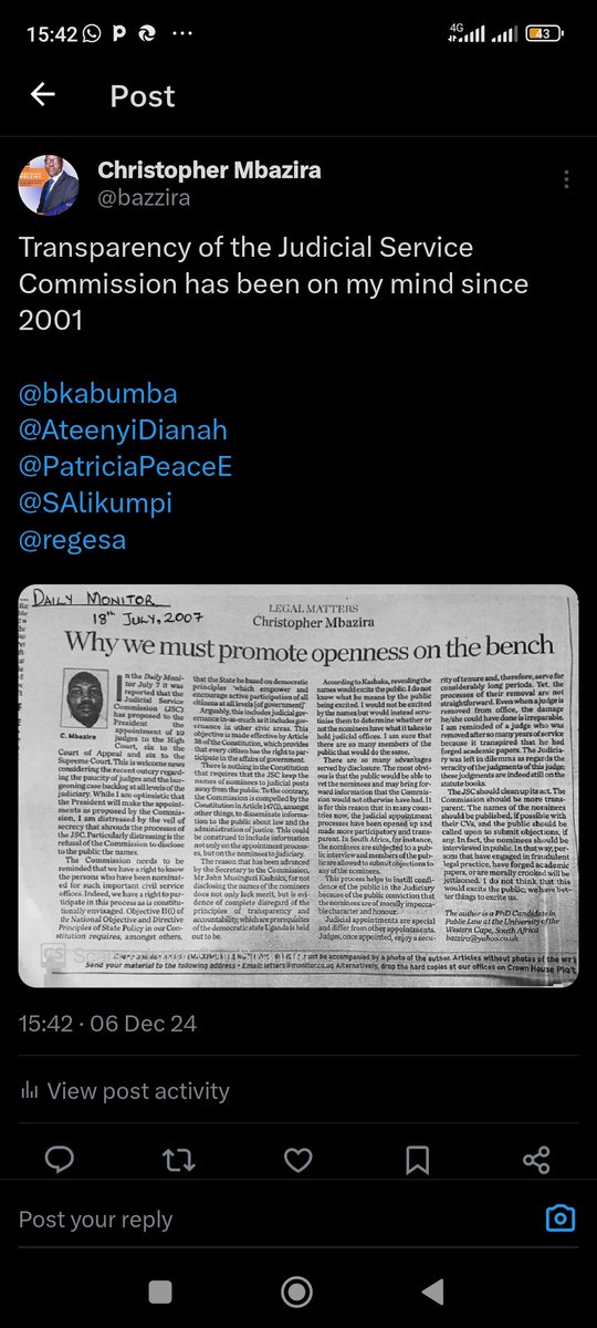Christopher Mbazira (@bazzira) on Twitter photo Transparency of the Judicial Service Commission has been on my mind since 2007 #mbazira4jsc
<a href="/AteenyiDianah/">Dr. Dianah Ateenyi Ahumuza</a> <a href="/bkabumba/">Dr Busingye Kabumba</a> <a href="/PatriciaPeaceE/">Patricia Peace Ejang</a> <a href="/regesa/">Egesa Ronald Leonard</a> <a href="/SAlikumpi/">Steven Alikumpi</a> Transparency of the Judicial Service Commission has been on my mind since 2007 #mbazira4jsc
<a href="/AteenyiDianah/">Dr. Dianah Ateenyi Ahumuza</a> <a href="/bkabumba/">Dr Busingye Kabumba</a> <a href="/PatriciaPeaceE/">Patricia Peace Ejang</a> <a href="/regesa/">Egesa Ronald Leonard</a> <a href="/SAlikumpi/">Steven Alikumpi</a>