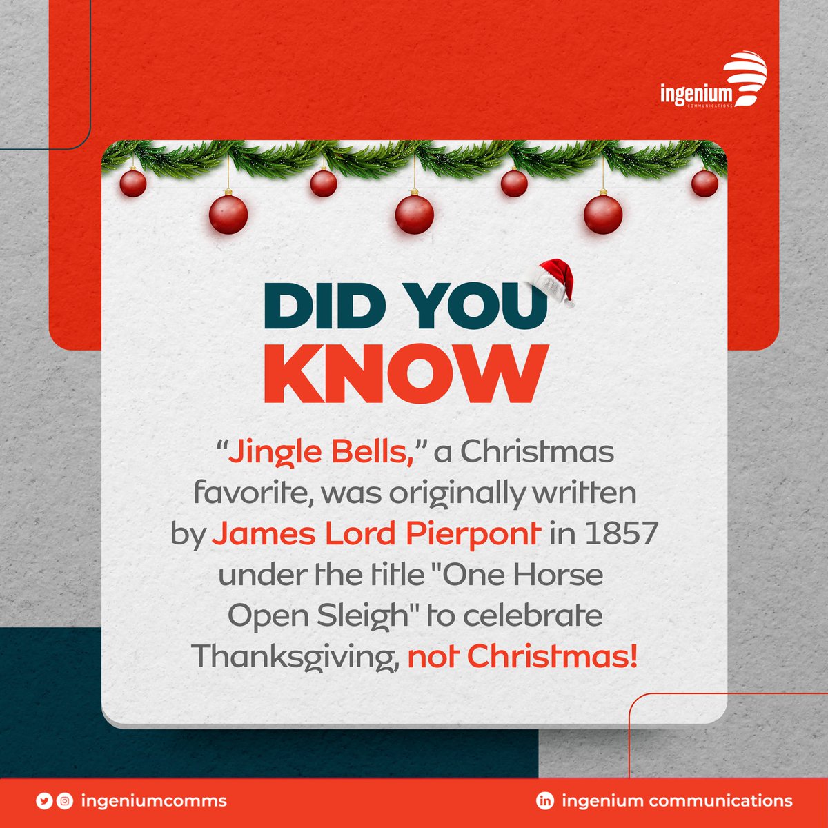 ingeniumcomms's tweet photo. It’s interesting how songs end up becoming tied to the perfect seasons! What’s your all-time favorite Christmas carol? Share it with us in the comments!

#IngeniumComms
#MakingIdeasHappen
#ChristmasCarols 
#Holiday https://t.co/CJqoKnE3oy