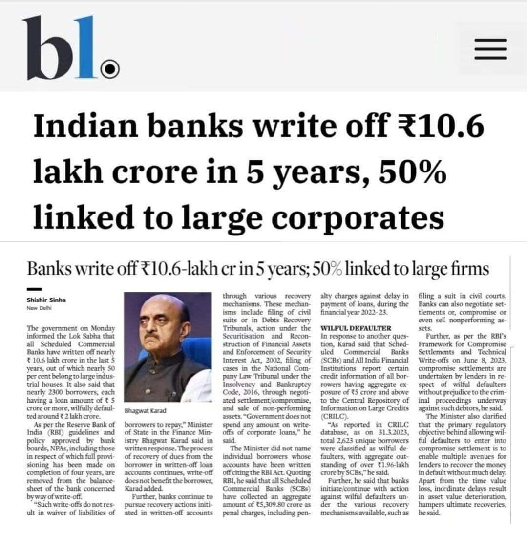 AdityaGoswami_'s tweet photo. Indian banks have written off loans worth ₹10.6 lakh crores to large corporates in the last 5 years while the farmers, students, startups and the middle class struggles to get any financial assistance from Govt.
#SuitBootKiSarkaar https://t.co/E53SEJQKeF