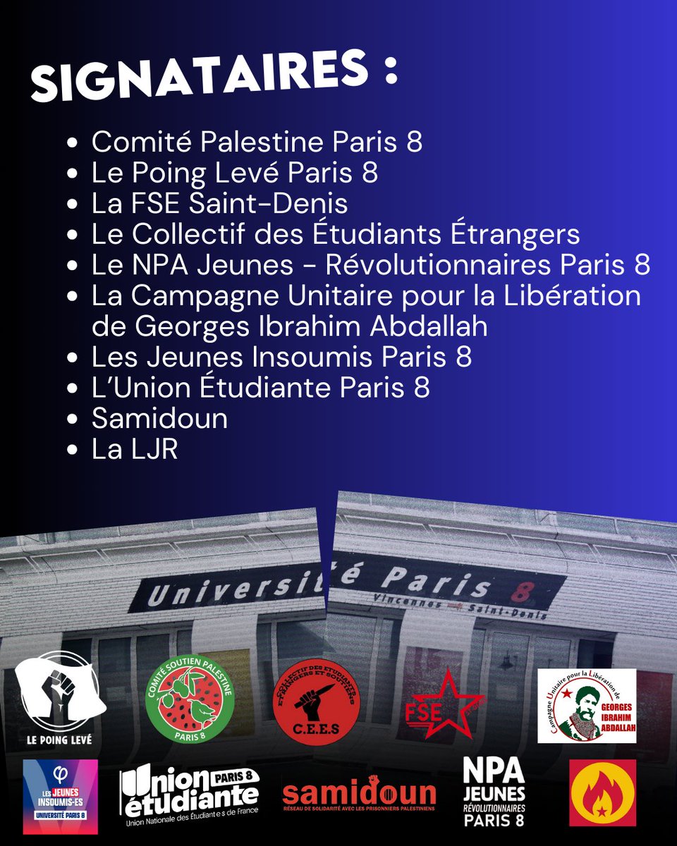 ❌🇵🇸 Étranglements, gants coqués, coups de poing, insultes et menaces à Paris 8 : 10 organisations et collectifs dénoncent la répression des étudiants mobilisés pour Georges Abdallah