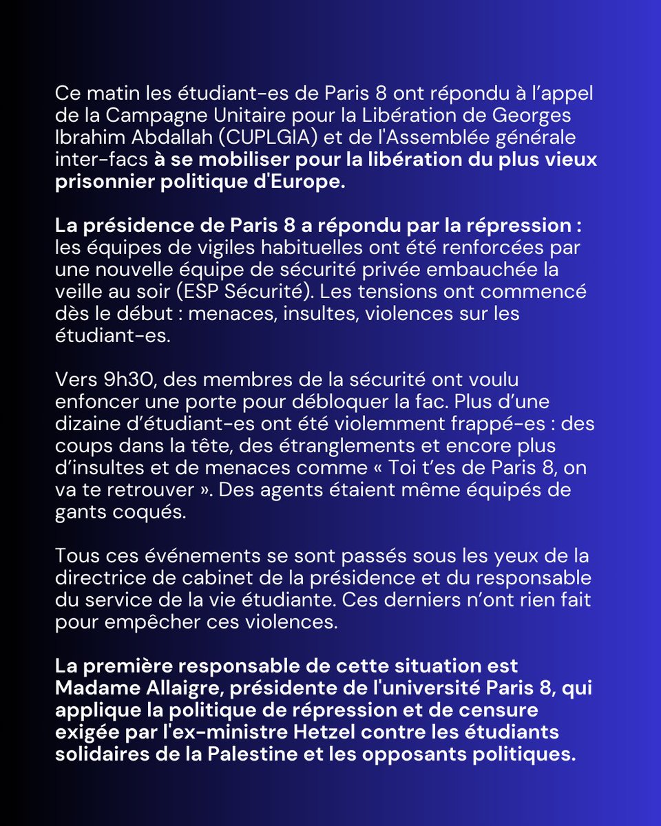 poing_8's tweet photo. ❌🇵🇸 Étranglements, gants coqués, coups de poing, insultes et menaces à Paris 8 : 10 organisations et collectifs dénoncent la répression des étudiants mobilisés pour Georges Abdallah https://t.co/ZYk9WUfzVn