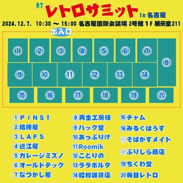applique_retro's tweet photo. 明日の出店者さまの配置図になります。当店は⑩のところで出店させていただきます。また、時間によって入場料金が異なりますので、詳しくはレトロサミットさん @retro_summit のアカウントからご確認くださいませ。それでは皆様のご来場心よりお待ちしております🌟 #レトロサミット https://t.co/DPAzBxnq97