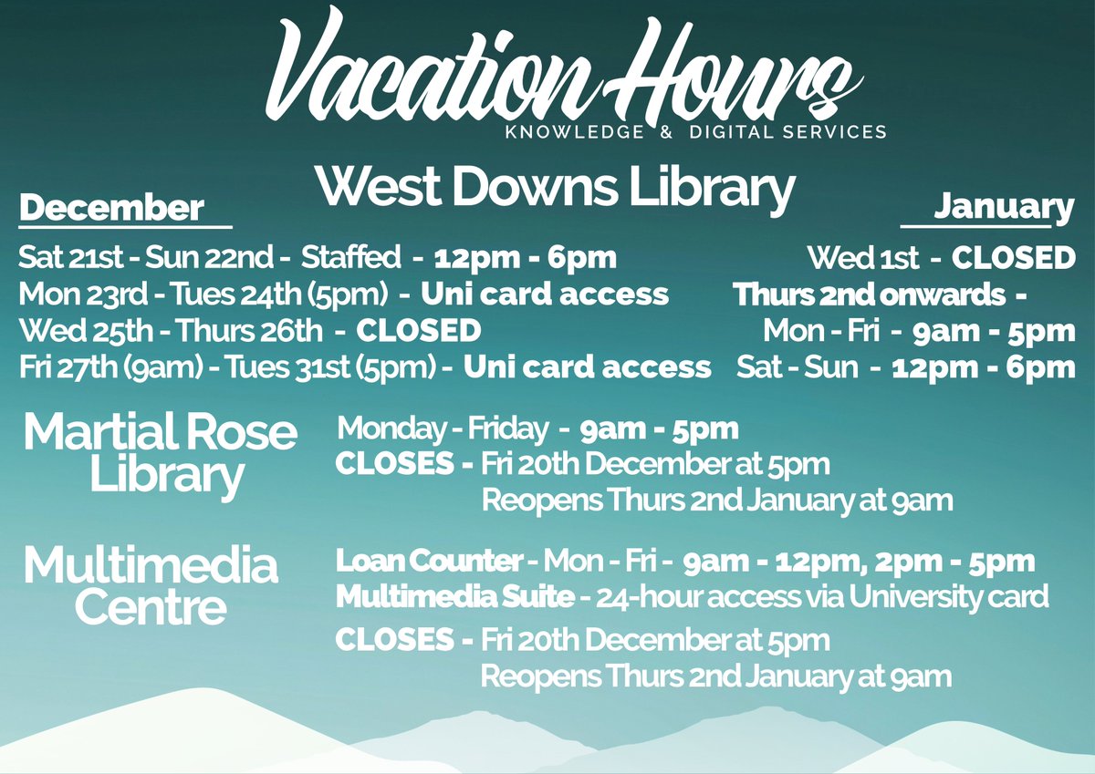 UniWinLibrary's tweet image. ☃️✨ KDS Winter Vacation Opening Hours

Here are our updated hours and closure periods for West Downs Library, Martial Rose Library, and the Multimedia Centre for December and January

We hope everyone has a relaxing break! ☕️🌨️