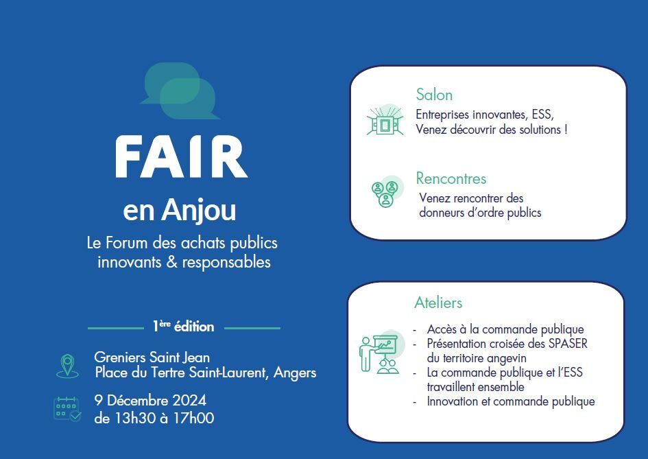 Le Département de #MaineEtLoire est partenaire du Forum des achats publics innovants et responsables. Objectif : réunir les acheteurs publics et les entreprises innovantes et/ou de l’économie sociale et solidaire.
🗓 9 décembre, 13h30 - 17h
📍Grenier Saint-Jean, Angers