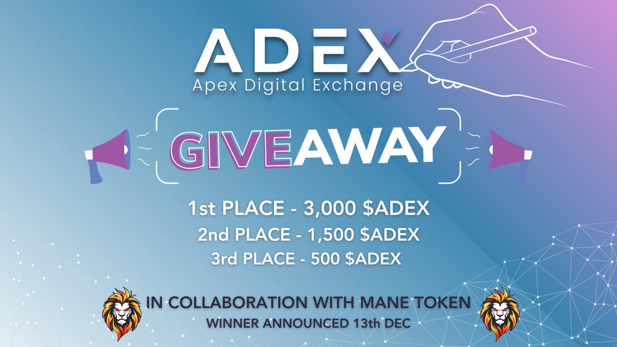 ApexDexOfficial's tweet photo. COMPETITION TIME 📣

TODAY we are thrilled to announce we have teamed up with $MANE token for another epic giveaway!! Please see details 👇

We want to see who can write the most bullish thread… you have to tell the crypto sphere why $ADEX is positioned to become giants in the industry in years to come! MAKE US BULLISH!! 🔥

Make sure you include $ADEX!

You must be following @ApexDexOfficial @ScottLEOWarrior, @TheManeToken and join both telegrams 👇

https://t.co/haUJTddyJ9

https://t.co/fiJCVFLxW3

First prize wins :

🥇 3,000 $ADEX
🥈 1,500 $ADEX
🥉 500 $ADEX

WINNER will be announced on Friday 13th.. GOOD LUCK 🙏

$ADEX #DeFi #Crypto #DEX #Giveaway #CryptoCommunity