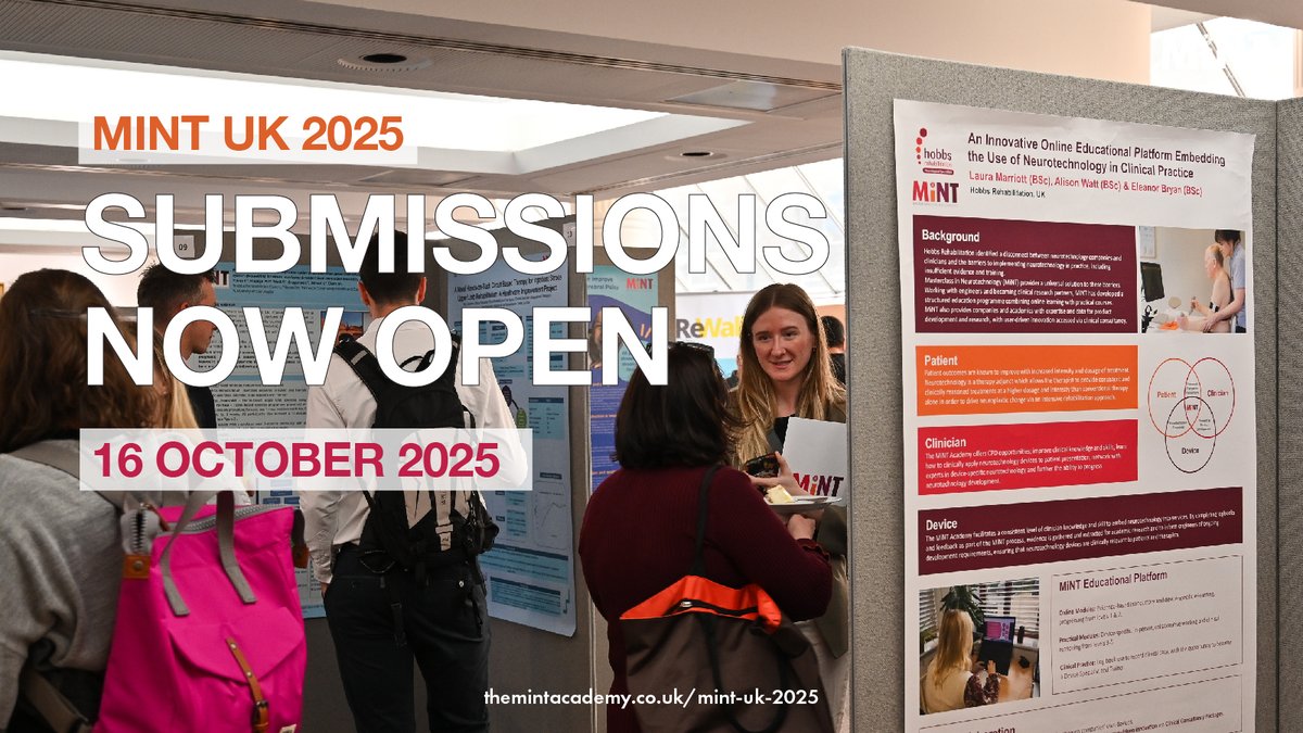 MiNT_hobbs's tweet photo. The moment you've all been waiting for, MiNT UK 2025 poster submissions are now OPEN! 🤖
We will be accepting Scientific and Clinical Abstracts, more info 👉 https://t.co/u7qGNaw9EM
#MiNTUK2025 #postersession #rehabilitation #clinicalabstract #scientificabstract #MiNT https://t.co/M8O04C7uw2