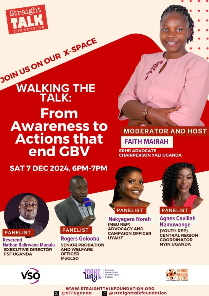 Rev.Nathan Balirwana Mugalu (@mugalunathan) on Twitter photo Tomorrow Saturday 7th December, <a href="/STFUganda/">Straight Talk Foundation</a> has organized a Space on Walking the Talk. From #Awareness to #Actions that #End_GBV
Join us as explore Actions that Work in #Ending_GBV
Join in from 6:00pm_7:00pm
#16DaysOfActivismAgainstGBV2024
#StraightTalkUganda Tomorrow Saturday 7th December, <a href="/STFUganda/">Straight Talk Foundation</a> has organized a Space on Walking the Talk. From #Awareness to #Actions that #End_GBV
Join us as explore Actions that Work in #Ending_GBV
Join in from 6:00pm_7:00pm
#16DaysOfActivismAgainstGBV2024
#StraightTalkUganda