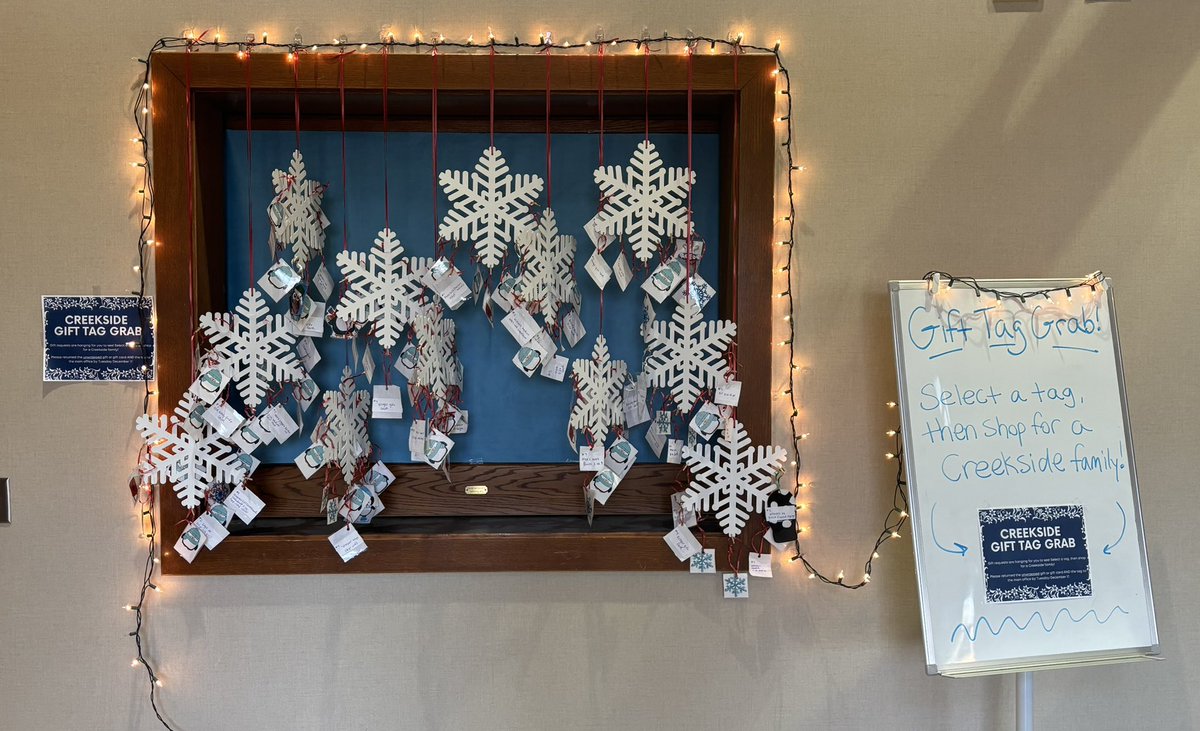 The Gift Tag Grab is here! Gift requests are hanging for you to see. Take a tag, then shop for a Creekside family! Please return all unwrapped gifts or gift cards AND tags to the main office by Tuesday December 17.