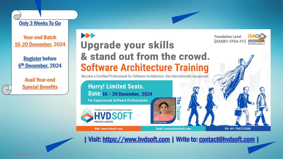 Registration closes  today. However, if you inquired earlier, you have one last opportunity  to take advantage of this offer until December 9th.

Visit: hvdsoft.com/cpsa-foundatio…

#SoftwareEngineering #software #architecture #onlineclasses #Training