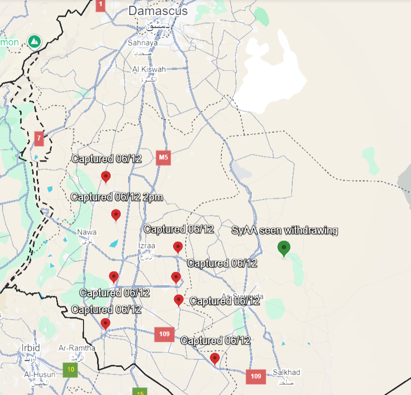 Permafr95699535's tweet photo. New front : as the situation south of #Damascus is escalating, I started mapping what is known so far. Early this morning, #SyAA retreated from key positions including Daraa. Local rebel cells became active again after the fall of Hama and are harassing and capturing positions. https://t.co/BtulfjWeEP