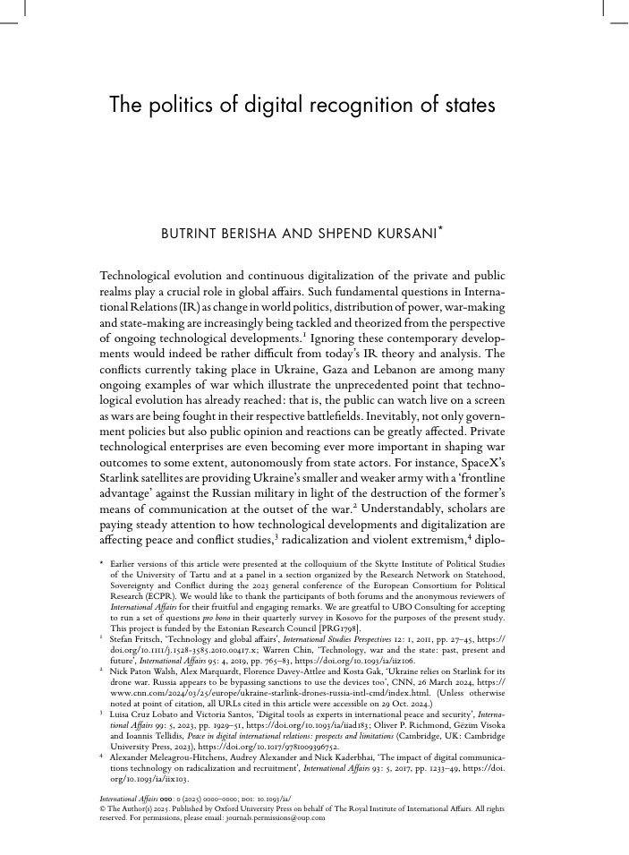 bu_berisha's tweet photo. The article "The Politics of Digital Recognition of States", co-authored with Shpend Kursani is on its way and it will be published in @IAJournal_CH  in January. https://t.co/1AJMShLV0D