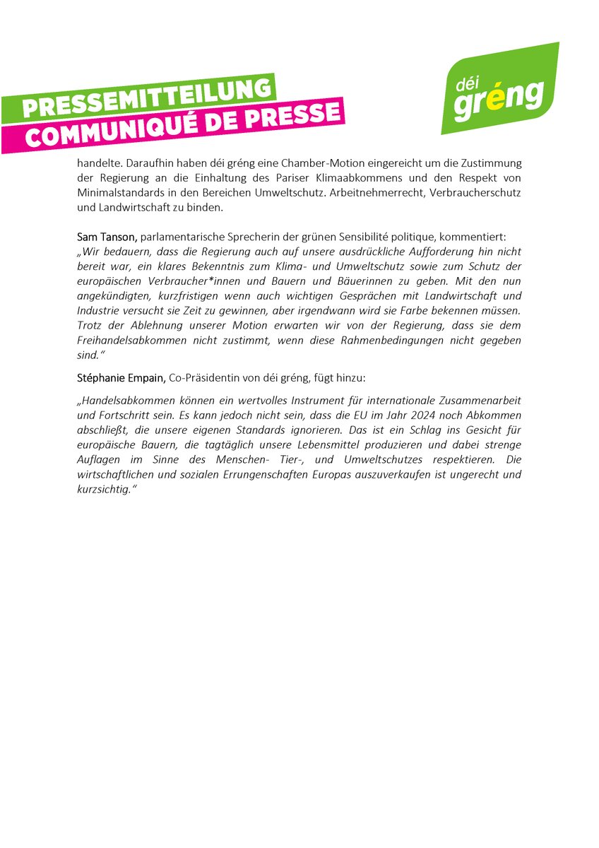 Schlusssprint beim #Mercosur Accord – Eis Bedenke bezüglech der Ëmwelt, Landwirtschaft a soziale Standarde bleiwe bestoen! Eise Pressecommuniqué heizou fannt dir hei 👉greng.lu/aktualiteit/en…