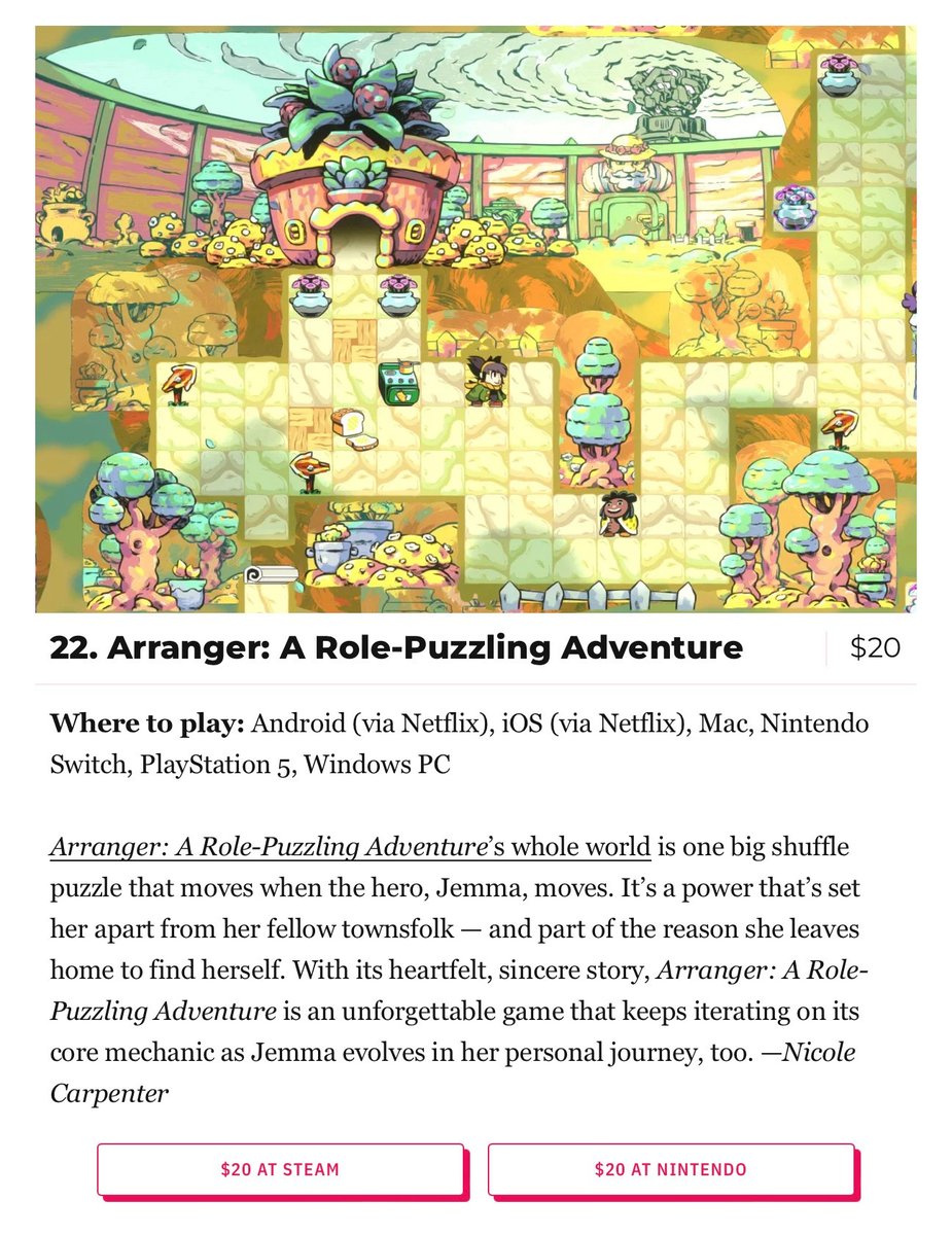 Arranger (<a href="/furnimatgames/">Arranger: A Role-Puzzling Adventure</a>) is #22 in the 50 best videogames of 2024 by <a href="/Polygon/">Polygon</a> !!

So cool!! 🥳

polygon.com/what-to-play/2…