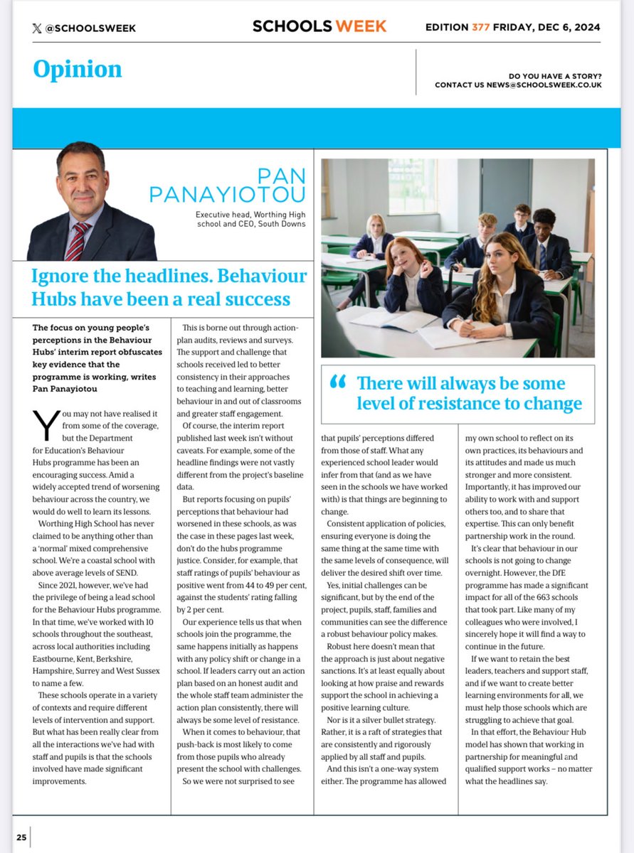 tombennett71's tweet photo. Great article in today’s @SchoolsWeek by @worthinghigh_ht about what being on the Behaviour Hubs meant for him and his school #behaviourhubs https://t.co/bVtok7Y4Tf
