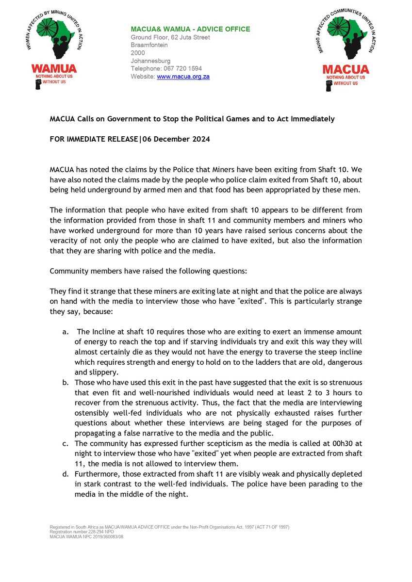 macua_sa's tweet photo. MACUA has noted the claims by the Police that Miners have been exiting from Shaft 10. We have also noted the claims made by the people who police claim exited from Shaft 10, about being held underground by armed men and that food has been appropriated by these men.
#MACUAWAMUA
#StilfonteinMine 
#NothingAboutUsWithoutUs

@LHR_SA 
@ProtestZa 
@GovernmentZA 
@SAPoliceService