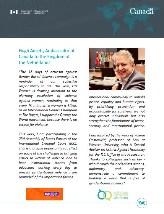 Canada in NL (@canembnl) on Twitter photo There’s #NoExcuse for abuse. Check out Ambassador <a href="/AdsettHugh/">Hugh Adsett</a>’s personal statement on #16Days of Activism against #SGBV⬇️
<a href="/UN_Women/">UN Women</a>
<a href="/INTGenderChamps/">International Gender Champions (IGC)</a>
<a href="/VOosterveld/">Valerie Oosterveld</a> There’s #NoExcuse for abuse. Check out Ambassador <a href="/AdsettHugh/">Hugh Adsett</a>’s personal statement on #16Days of Activism against #SGBV⬇️
<a href="/UN_Women/">UN Women</a>
<a href="/INTGenderChamps/">International Gender Champions (IGC)</a>
<a href="/VOosterveld/">Valerie Oosterveld</a>