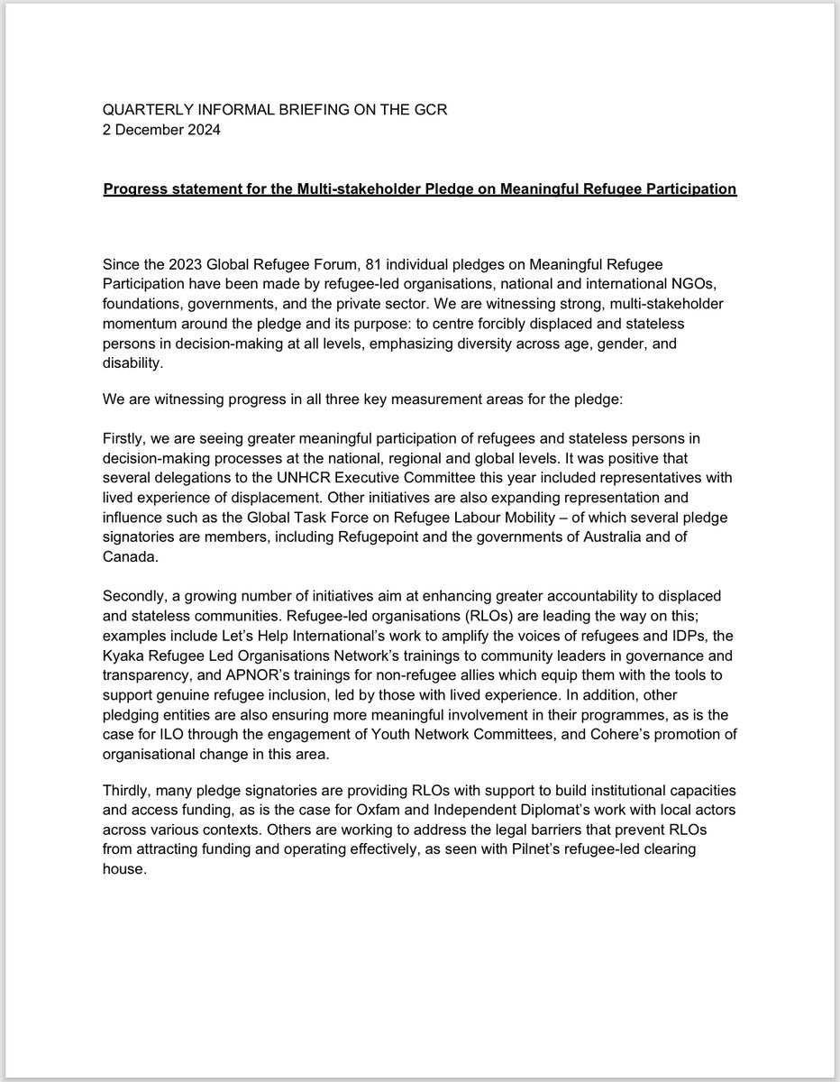 YARIDUganda's tweet image. #Refugees are better placed to design solutions &amp;amp; inform decision-making based on their needs &amp;amp; experiences. Read our joint statement from the 4th quarterly informal briefing on the #RefugeeCompact, drafted by #MeaningfulRefugeeParticipation signatories.