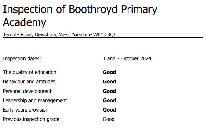 Matt Birkett (@mrbirkettbpa) on Twitter photo We are delighted to share the link to our latest Ofsted report from Oct 24. We are ‘A school with high aspirations for all, where pupils are valued as individuals and staff bring the curriculum to life in exciting ways.’ boothroydprimaryacademy.co.uk/Inspections/Of… <a href="/BoothroydAcad/">Boothroyd PA</a> <a href="/mrstrafford/">@MrStraffordBPA</a> We are delighted to share the link to our latest Ofsted report from Oct 24. We are ‘A school with high aspirations for all, where pupils are valued as individuals and staff bring the curriculum to life in exciting ways.’ boothroydprimaryacademy.co.uk/Inspections/Of… <a href="/BoothroydAcad/">Boothroyd PA</a> <a href="/mrstrafford/">@MrStraffordBPA</a>