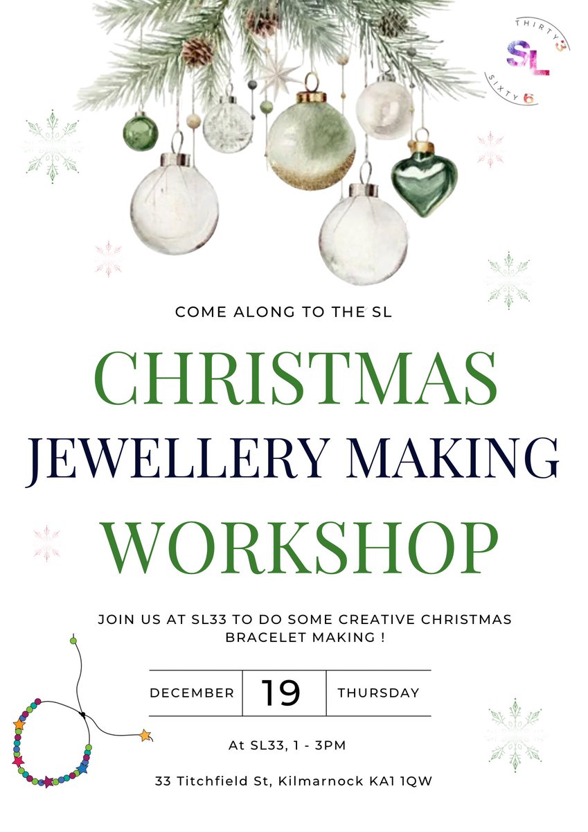 East Ayrshire Opps4All (@sl33eac) on Twitter photo Check out our SL Christmas Jewellery Making Workshop!
Join us for some creative Christmas bracelet making π
Taken place at SL33 on Thursday 19th December π€©
Email SL33@east-ayrshire.gov.uk - to let us know if your coming along π Check out our SL Christmas Jewellery Making Workshop!
Join us for some creative Christmas bracelet making π
Taken place at SL33 on Thursday 19th December π€©
Email SL33@east-ayrshire.gov.uk - to let us know if your coming along π