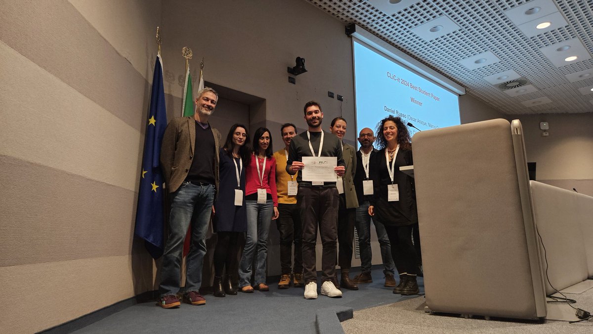 The #CLiCit2024 Best Student Paper Award goes to <a href="/russ_eau/">Daniel Russo</a> !! 🏆 <a href="/AILC_NLP/">AILC_NLP</a> #NLProc