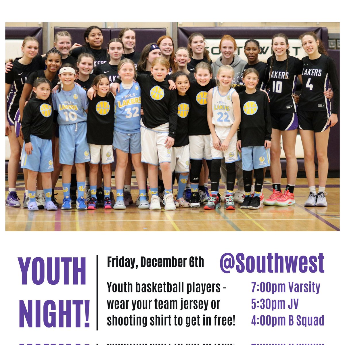⚠️ GAME DAY ⚠️ vs South St Paul at home tonight! 🏀  B 4:00, JV 5:30, Varsity 7:00 🏀

🚨 Youth night! 🚨 Youth players wear your jersey or shooting shirt 🎽to get in free! @mplslakersbasketball scrimmage at halftime 

#lakernation #golakers⚓️ 💜🤍