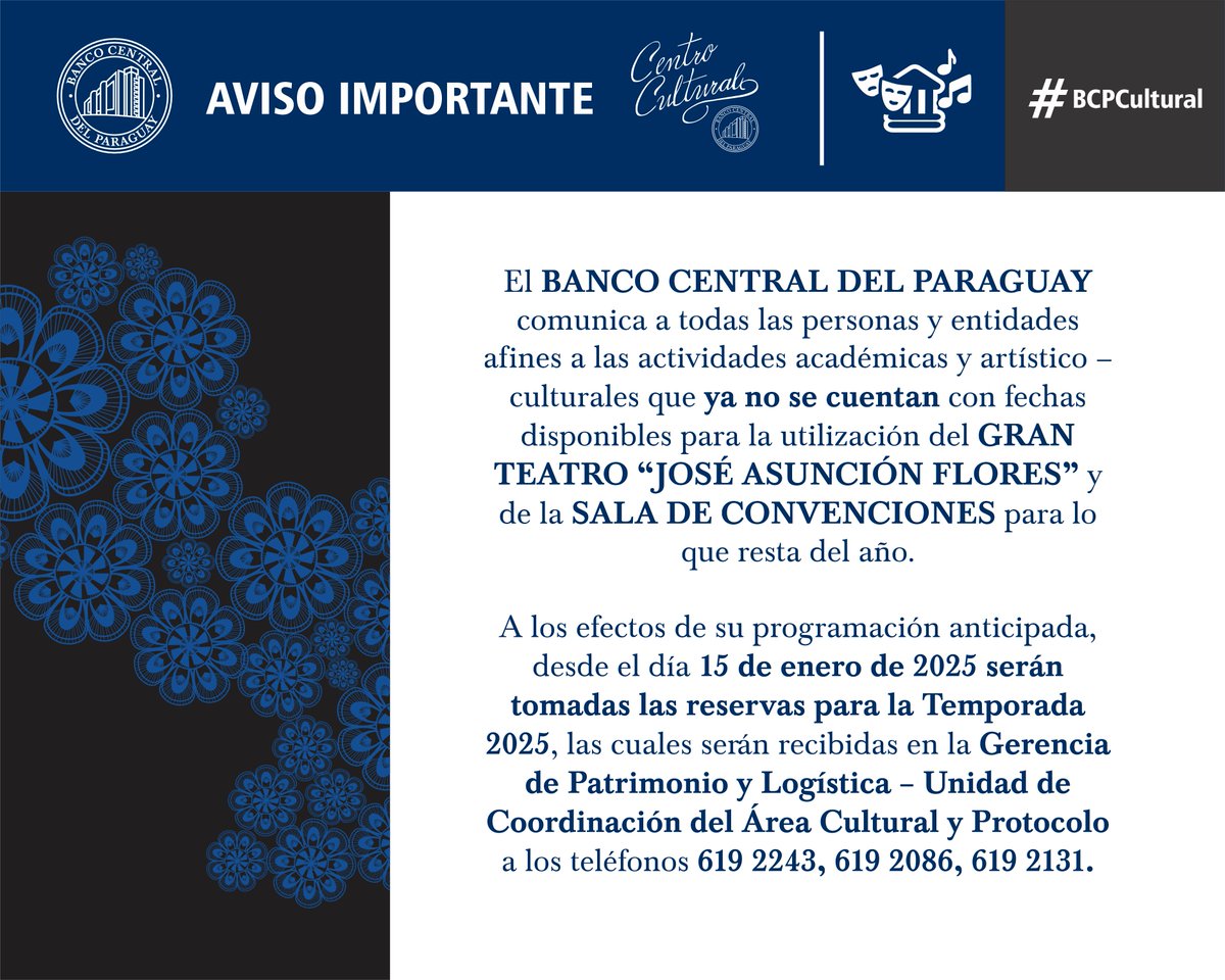 BCPCultural's tweet photo. El Gran Teatro "José Asunción Flores" y la Sala de Convenciones del BCP se preparan para un nuevo ciclo de actividades culturales.

Las reservas para el calendario 2025 se habilitarán desde el 15/01/25.
#BCPCultural https://t.co/epiR7B4N8u