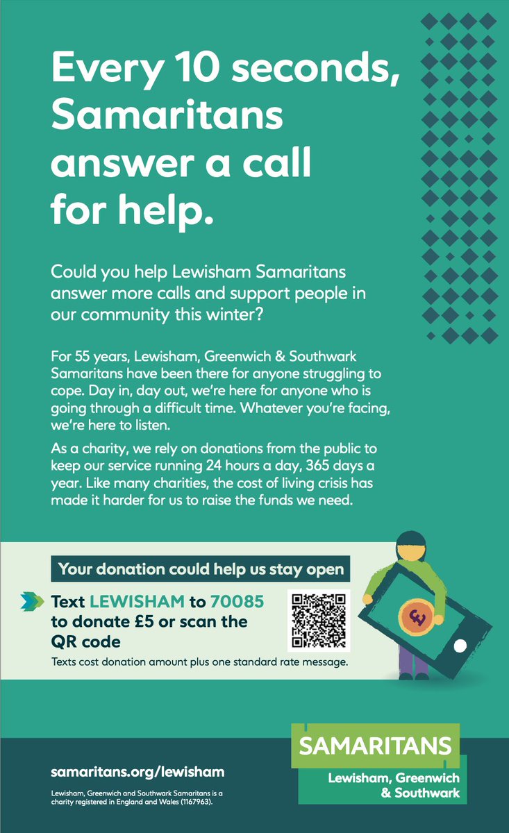 Lewisham, Greenwich and Southwark Samaritans (@lgssamaritans) on Twitter photo We'll be here all of the winter, 24 hours a day, 7 days a week, ready to listen.
Freecall ☎️ 116 123
Email 📷 jo@samaritans.org
And if you are able to donate we'd be incredibly grateful:
samaritanscommunity.enthuse.com/lewishamgreenw… We'll be here all of the winter, 24 hours a day, 7 days a week, ready to listen.
Freecall ☎️ 116 123
Email 📷 jo@samaritans.org
And if you are able to donate we'd be incredibly grateful:
samaritanscommunity.enthuse.com/lewishamgreenw…
