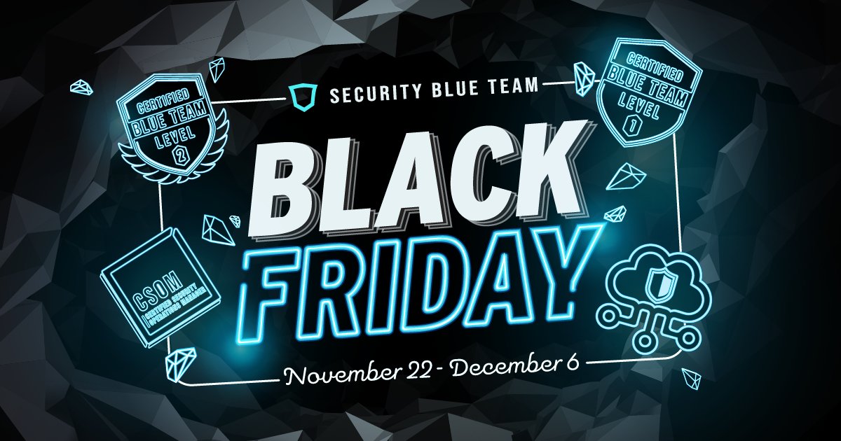 SecBlueTeam's tweet image. Your friendly neighborhood blue teamers are here to remind you that you have until 6pm GMT today to take advantage of our Black Friday sale! 

Save on BTL1, BTL2, CSOM, and BTLO now: bit.ly/4eQWj99

#BlueTeam #Training #BlackFriday2024 #BTL1 #BTL2 #CSOM