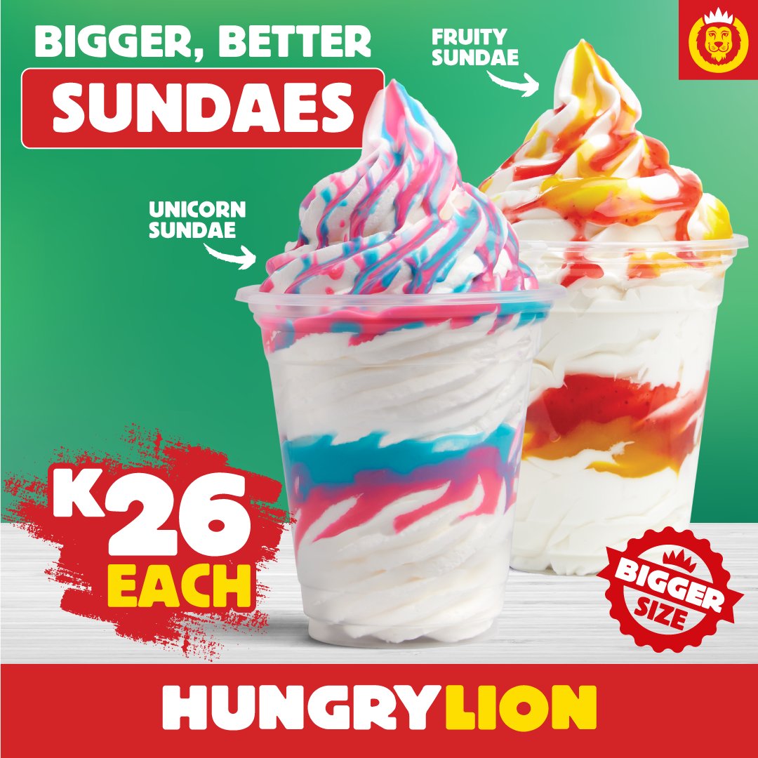 Enjoy our Fruity or Unicorn Sundaes—bigger, sweeter, and more magical than ever!✨🍓🍬  

Get yours today and make your summer even sweeter! 😍  

#BiggerBetterSundaes #UnicornMagic #SweetSummer #HungryLion