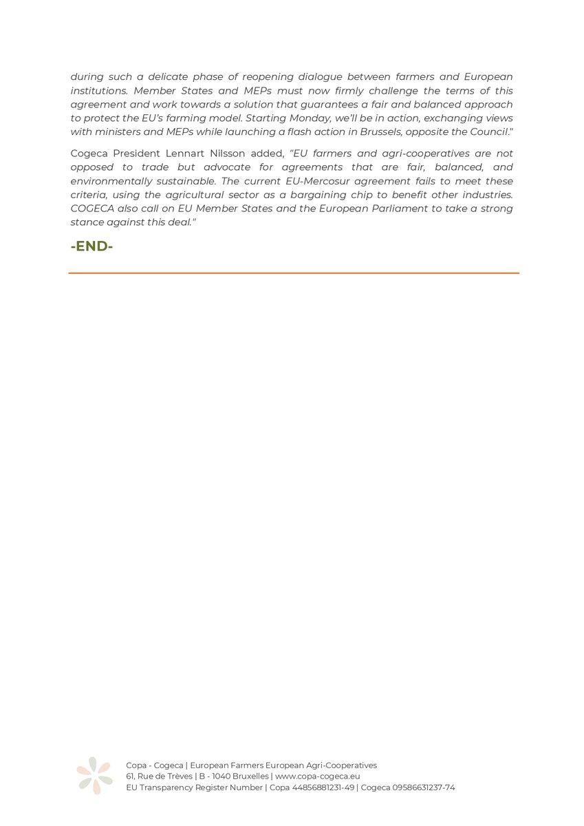 COPA-COGECA (@copacogeca) on Twitter photo 📢PRESS RELEASE - #EUMercosur Agreement – EU Farming Community refuses to pay the bill ⛔️
Only 6⃣days into the new mandate and after months of investment in re-building trust with the farming community <a href="/EU_Commission/">European Commission</a> confirmed today a trade agreement with #Mercosur regardless of 📢PRESS RELEASE - #EUMercosur Agreement – EU Farming Community refuses to pay the bill ⛔️
Only 6⃣days into the new mandate and after months of investment in re-building trust with the farming community <a href="/EU_Commission/">European Commission</a> confirmed today a trade agreement with #Mercosur regardless of