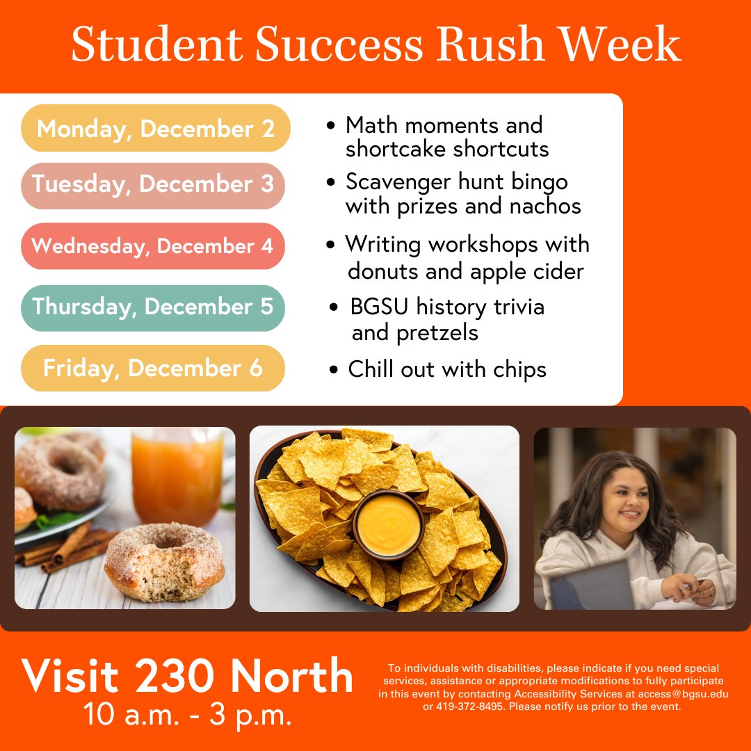 BGSUFirelands's tweet image. Today is the last day of Student Success Rush Week! This week was designed to help students relax and regain their focus on completing finals strong.

Join us at the Teaching and Learning Center for some chips, and study for your finals.

#finals #bgsu #firelands