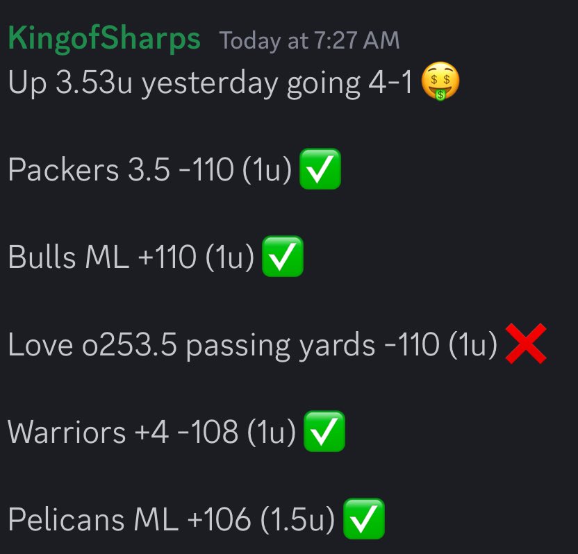 KingofSharps's tweet image. Big day yesterday going 4-1 up 3.53u🔥 picks on Twitter go 2-1! Join the discord for all my picks! 

Let’s have a day today like/comment if you tailed! 🤑

Join for free! 
🔗 discord.gg/AmHH9NSA

 #SportsBetting #BettingTips #GamblingTwitter #BetSmart #BettingOdds…