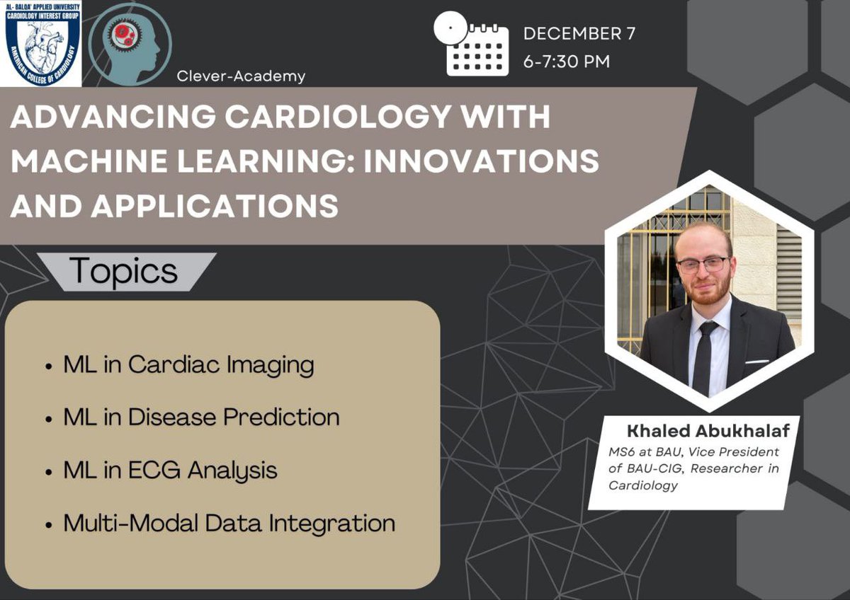 BauCig's tweet photo. 📢New Workshop Announcement!
 
Join us tomorrow 6:00pm Jordan time for an exciting workshop in collaboration with Clever Academy:

"Advancing Cardiology with Machine Learning: Innovations and Applications"

#Cardiology #CardioTwitter #ECG #MachineLearning https://t.co/PW0AvHlZSr
