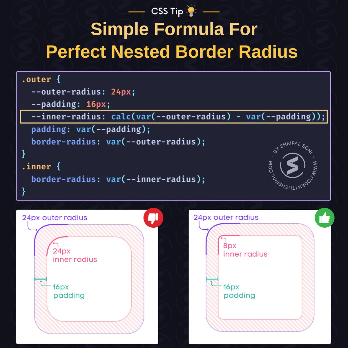 codewithshripal's tweet image. CSS Tip 💡
Simple formula for calculating nested border-radius 🤩👇