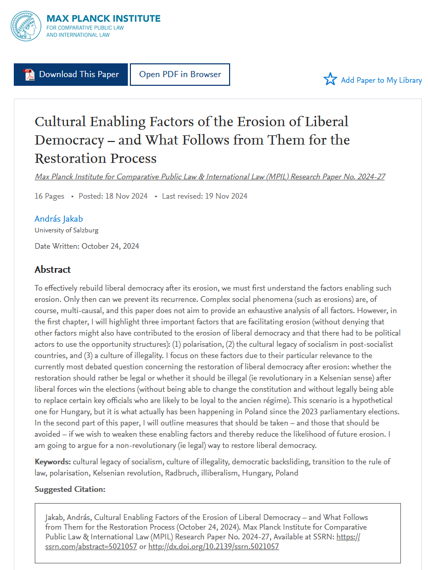 MPILheidelberg's tweet image. In #Mpil Research Paper Series Nr 2024-27 András Jakab investigates the enabling factors of the erosion of liberal democracy in the #EU and illuminates the path of its restauration.
#democraticbacksliding #ruleoflaw
👉is.gd/2pzrrh