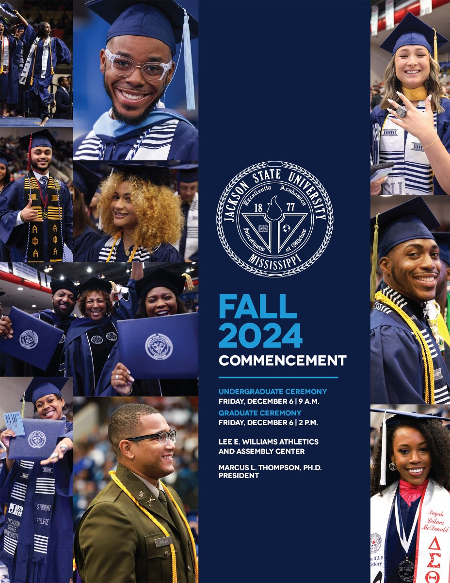 JacksonStateU's tweet photo. #JSUGrad24: Today is the big day! Tune in to the Fall 2024 Commencement Ceremonies on our Facebook page and YouTube channel. #Classof2024
π | Undergraduate: 9 a.m.
π | Graduate: 2 p.m.
Commencement book β¬οΈ
https://t.co/QXVHhfBB3v https://t.co/XDta9kzYwu