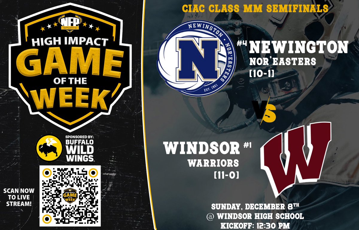 NFP Sports - CT East (@nfp_cteast) on Twitter photo It’s going down! The <a href="/nfpsports/">NFP Brands</a> #HighImpactGameOfTheWeek streaming on <a href="/SNSNsports/">SNSN Sports</a> ! Don’t miss the Class MM Semifinal Match Up between <a href="/NewingtonFB/">Newington Football 🏈</a> & <a href="/WHSFootballCT/">Windsor Football</a> this Sunday @ 12:30pm! A huge thanks to our sponsor <a href="/BWWings/">Buffalo Wild Wings</a> #cthsfb It’s going down! The <a href="/nfpsports/">NFP Brands</a> #HighImpactGameOfTheWeek streaming on <a href="/SNSNsports/">SNSN Sports</a> ! Don’t miss the Class MM Semifinal Match Up between <a href="/NewingtonFB/">Newington Football 🏈</a> & <a href="/WHSFootballCT/">Windsor Football</a> this Sunday @ 12:30pm! A huge thanks to our sponsor <a href="/BWWings/">Buffalo Wild Wings</a> #cthsfb